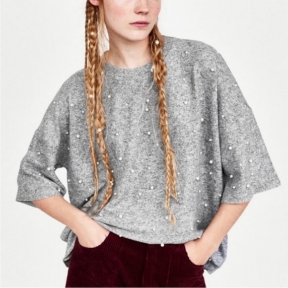 Zara Sweaters - ZARA GRAY 3/4 SLEEVE SWEATER TOP RAW HEM WITH FAUX PEARL BEADS  SIZE MEDIUM